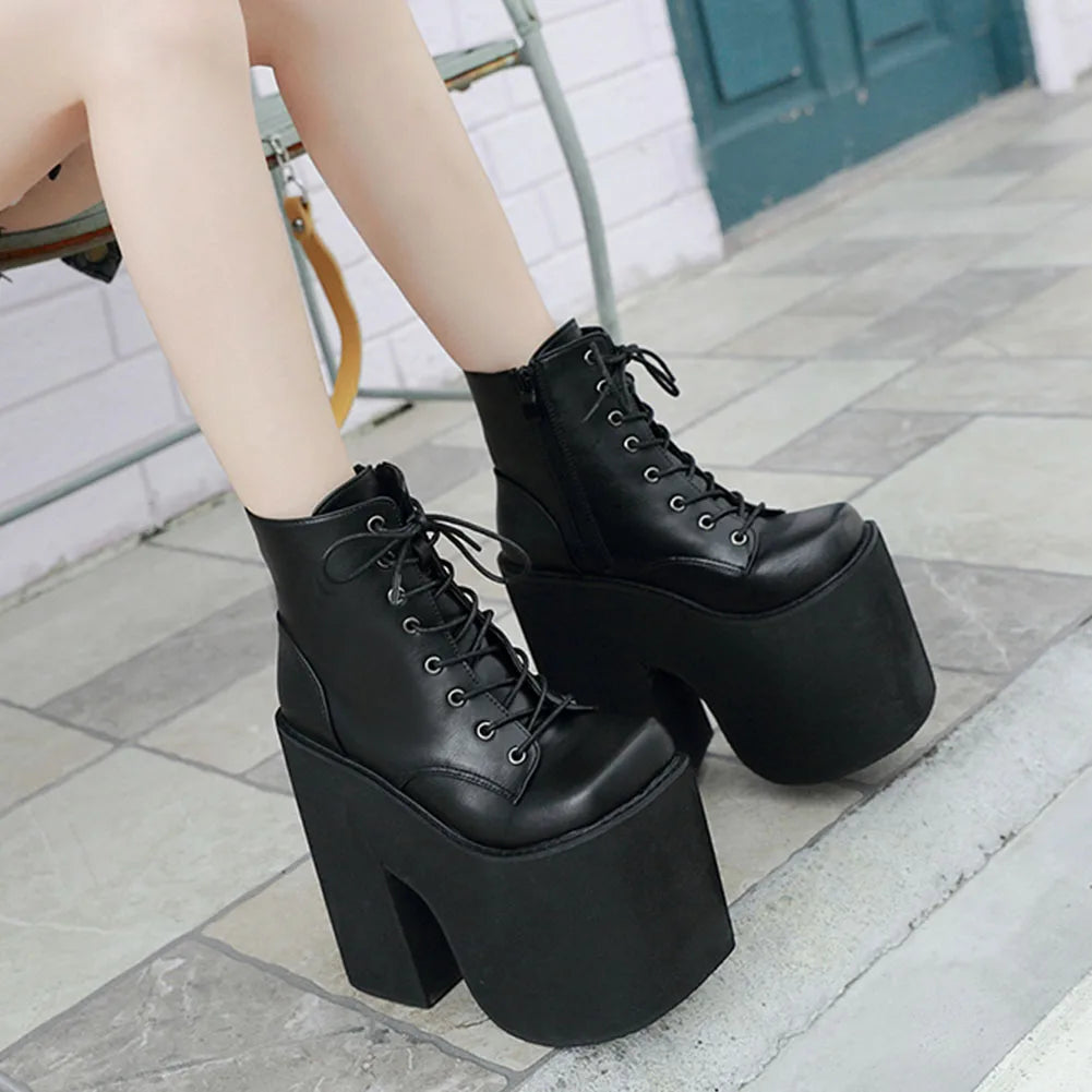 Gdgydh Chunky Heel Motorcycle Boots Women Platform Ankle Boots Lace Up Punk Cosplay Thick Sole Goth Girls Shoes Big Size 43
