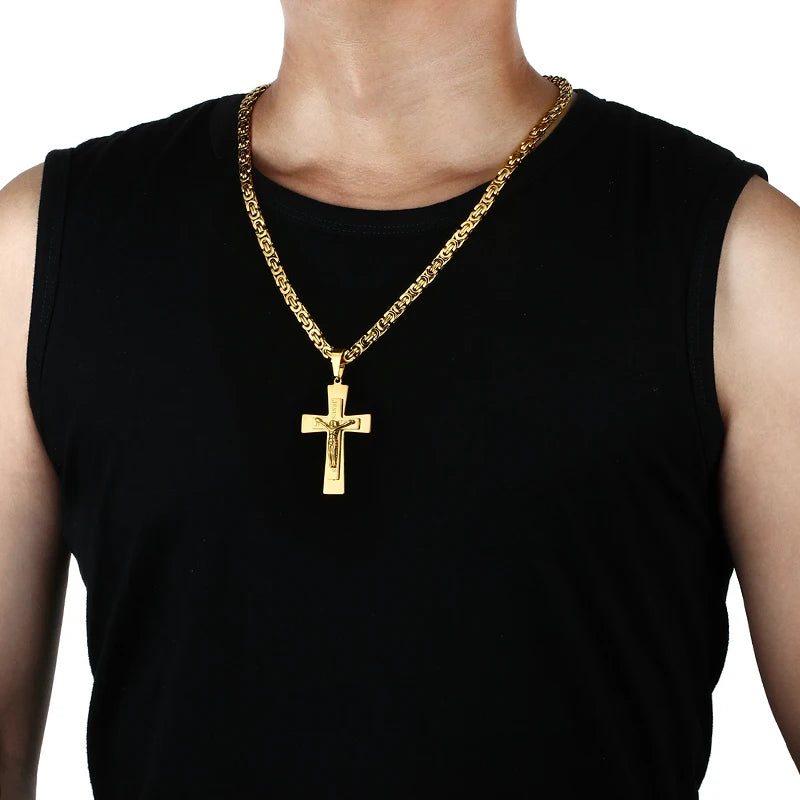 Katholische Jesus Christus Kreuz Anhänger Halskette Edelstahl Lange Byzantinerkette Kruzifix Kreuz Halskette
