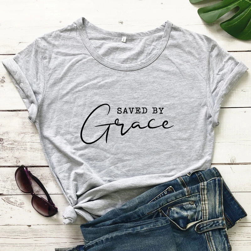 Saved By Grace 100% Baumwolle T-Shirt Damen Religiöses Christliches Bibel Top T-Shirt Lässig Jesus Religion Glaube T-Shirt Camiseta