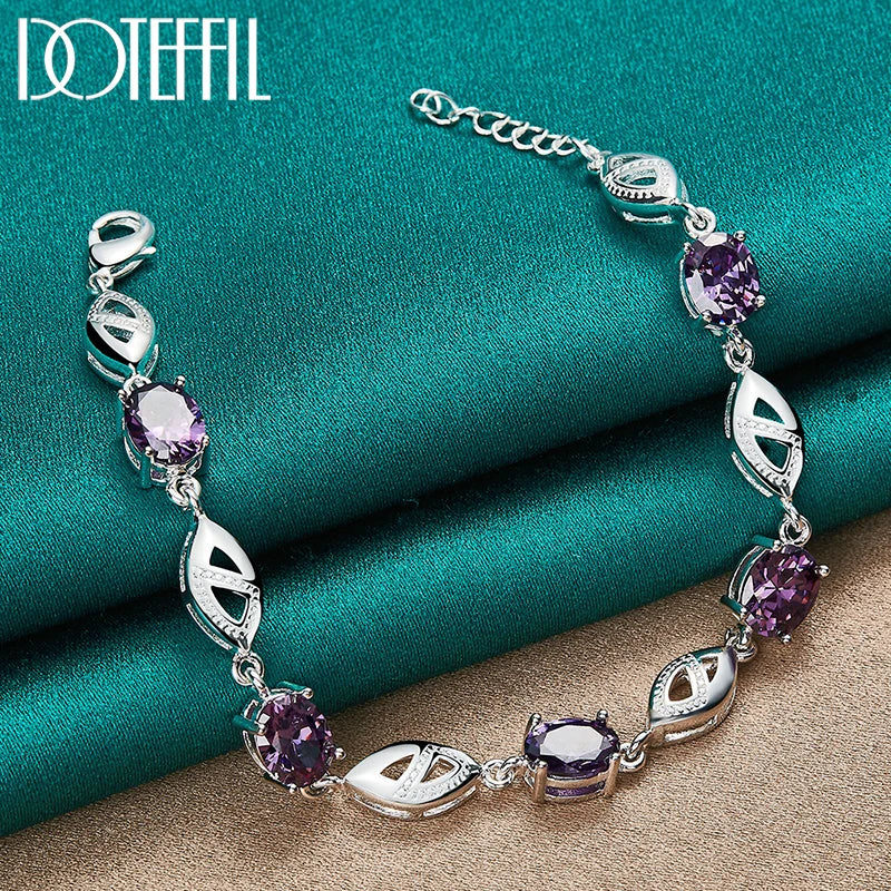 DOTEFFIL 925 Sterling Silber Lila Große AAA Zirkon Armbandkette für Damen Schmuck Verlobung Party Weihnachtsgeschenk