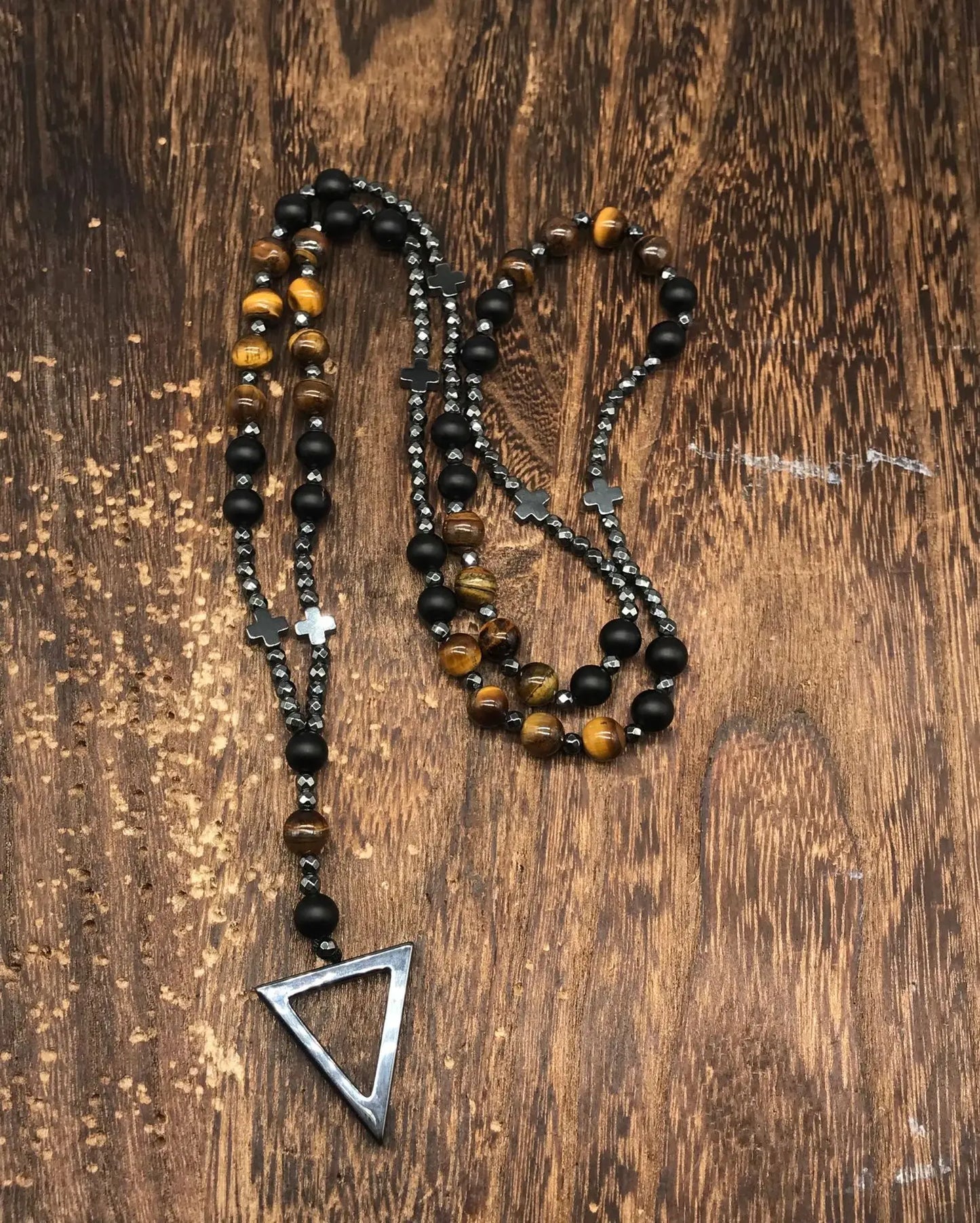 Tiger Eye Stone Bead & Hematite Cross Pendant Necklace for Men Women Catholic Christ Rosary Cross Pendant