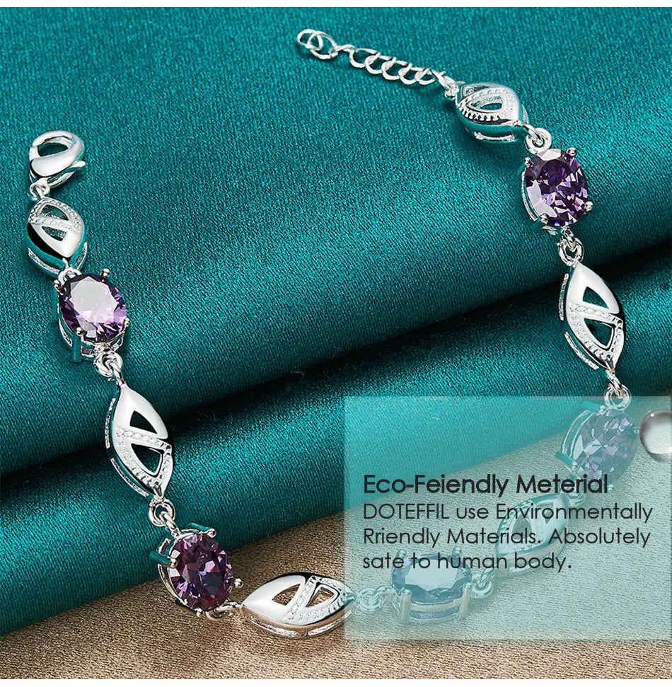 DOTEFFIL 925 Sterling Silber Lila Große AAA Zirkon Armbandkette für Damen Schmuck Verlobung Party Weihnachtsgeschenk