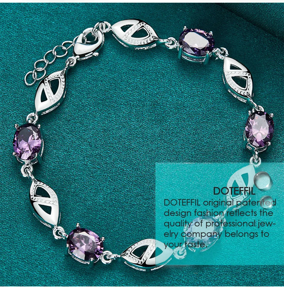 DOTEFFIL 925 Sterling Silber Lila Große AAA Zirkon Armbandkette für Damen Schmuck Verlobung Party Weihnachtsgeschenk