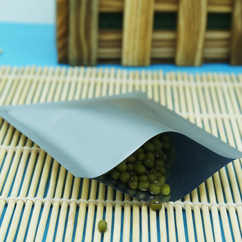 100 Stück Silberne, matte Aluminiumfolienbeutel zum Heißsiegeln – oben offene Mylar-Folienbeutel, matte Oberfläche, Kunststoff-Lebensmittelverpackung, Pulver-/Saucenbeutel