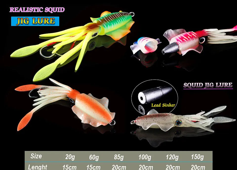 SUNMILE Angel-Gummiköder Tintenfisch 20g/60g/80g/100g/120g/150g Leuchtend/UV-Tintenfisch-Jig Angelköder für Meeresangeln Wobbler Köder