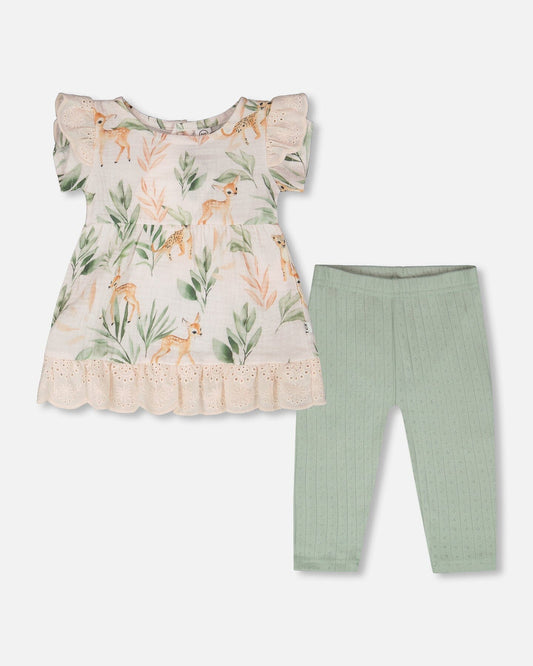 Musselin-Tunika und Pointelle-Leggings-Set Pfirsichfarbenes Hirschmuster & Grün