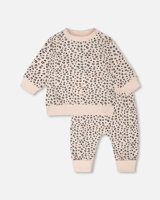 Organic Cotton Jersey Sweater And Pants Set Peach Animal Print