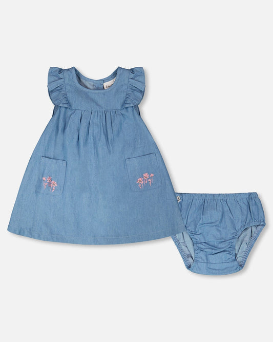 Hellblaues Chambray-Kleid und Bloomer-Set Hellblau