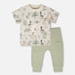 Organic Cotton Jersey T-Shirt And Cotton Rib Pants Set Beige Zebra Print And Sage Green