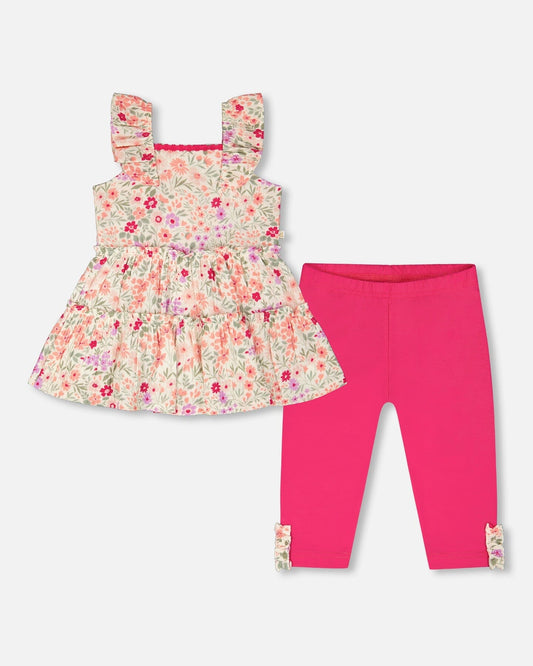 Tunic And Organic Cotton Capri Set Off White Printed Flowers And Pink