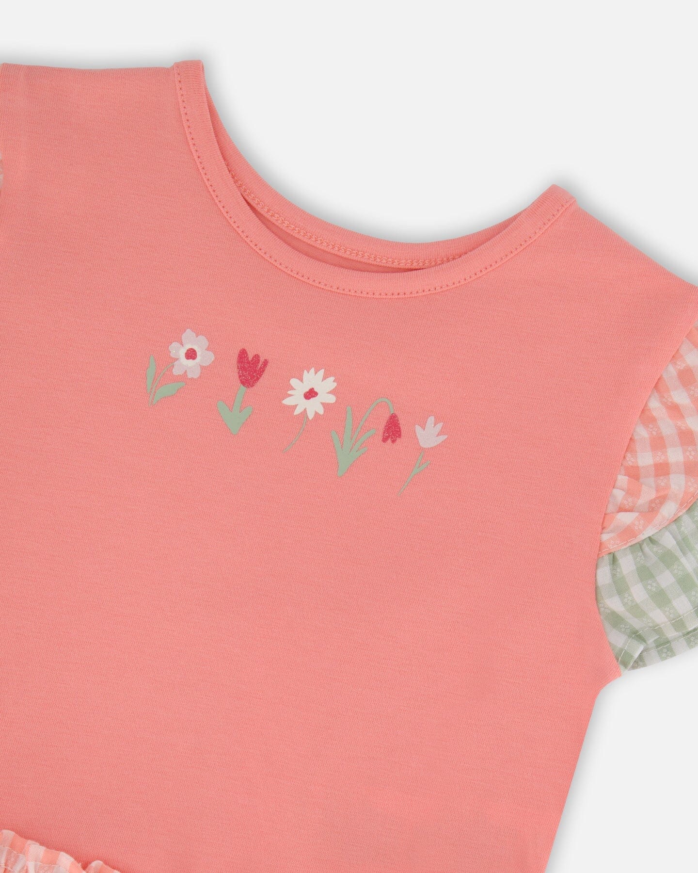 Organic Cotton Bi-Material Dress Coral And Gingham