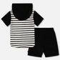 Hooded Terry T-Shirt With Shorts Set Black And White Stripes
