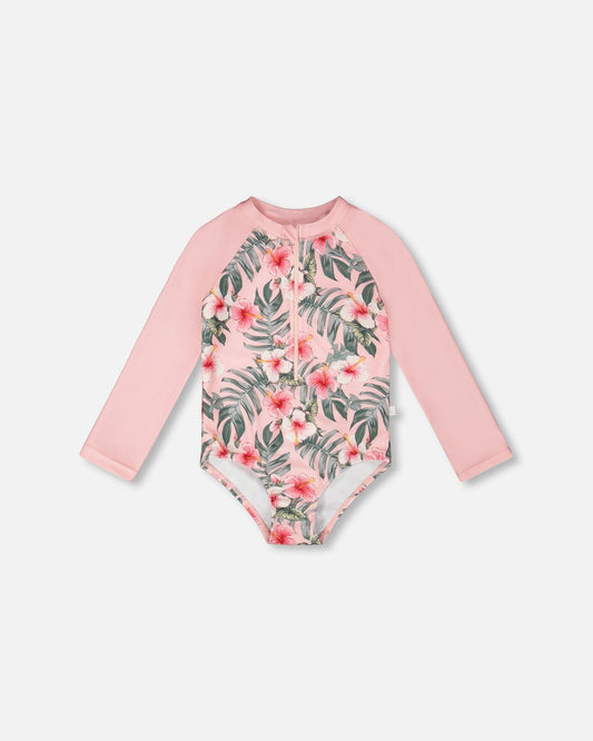 One-Piece Long Sleeve Rashguard Pink Hibiscus Print