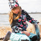 Stretch Jersey Hat Black Printed Flowers With Pompom