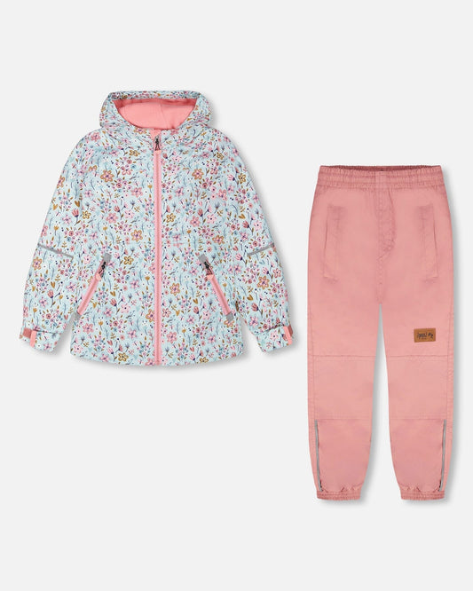 Two-Piece Mid-Season Outerwear Set Blue Mini Flower Print