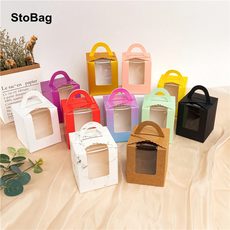 StoBag 10 Stück Cupcake-Box mit Klarsichtfenstergriffen Kuchengeschenke Geburtstag Weihnachtsfeier & Event Handgemachte Dessert-Lebensmittel 1 Loch