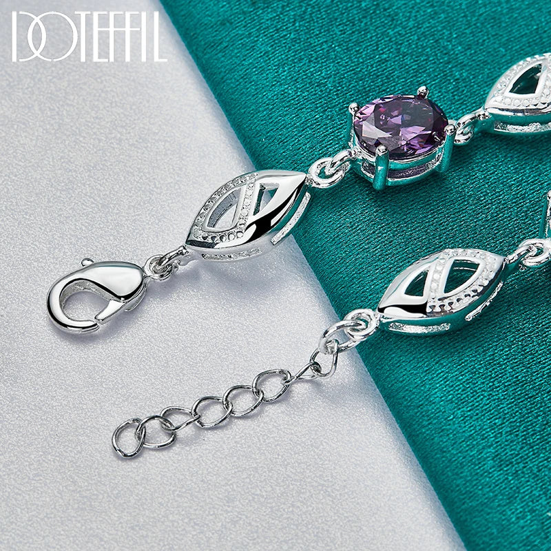 DOTEFFIL 925 Sterling Silber Lila Große AAA Zirkon Armbandkette für Damen Schmuck Verlobung Party Weihnachtsgeschenk