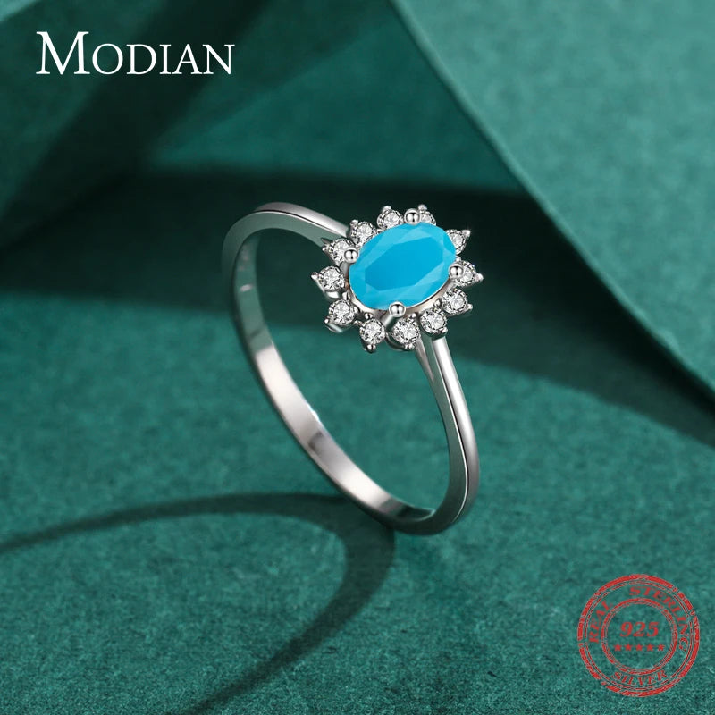 MODIAN Klassischer Kronenring für Damen aus reinem 925er Sterlingsilber mit natürlichem Türkis, elegante Mode-Ringe für Frauen, Weihnachtsschmuck