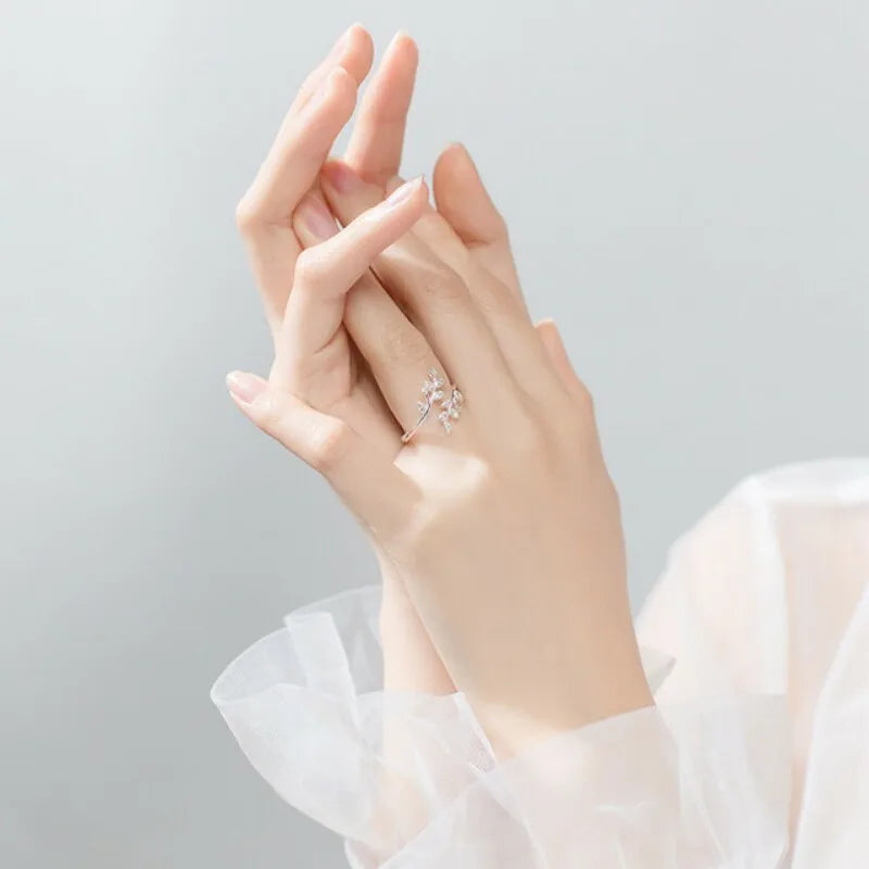925 Sterling Silver Korean Zircon Leaf Shape Ring Female Index Finger Retro Fashion Handmade Jewelry Couple Gift