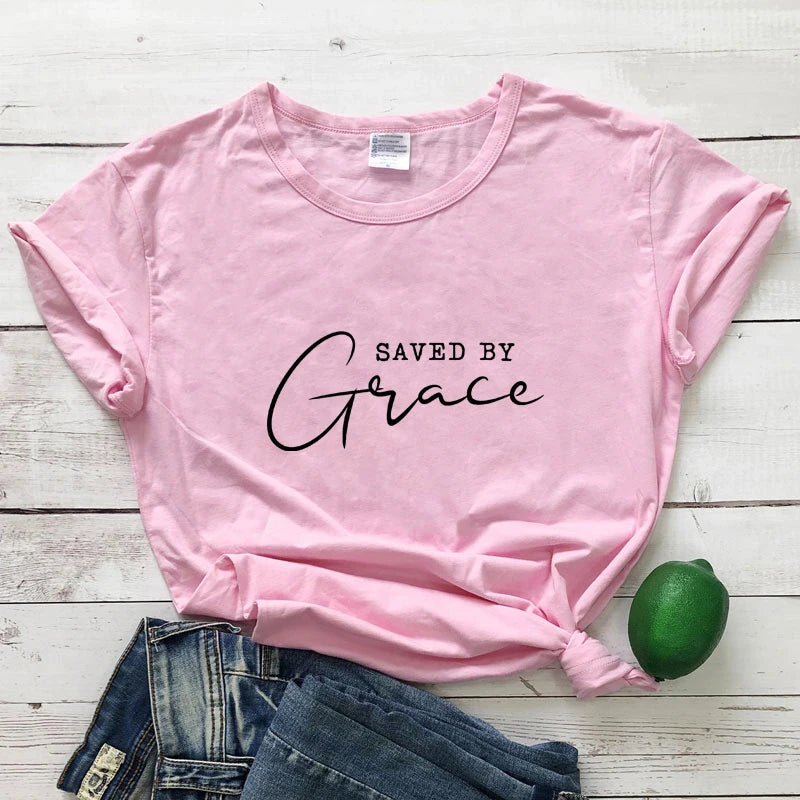 Saved By Grace 100% Baumwolle T-Shirt Damen Religiöses Christliches Bibel Top T-Shirt Lässig Jesus Religion Glaube T-Shirt Camiseta