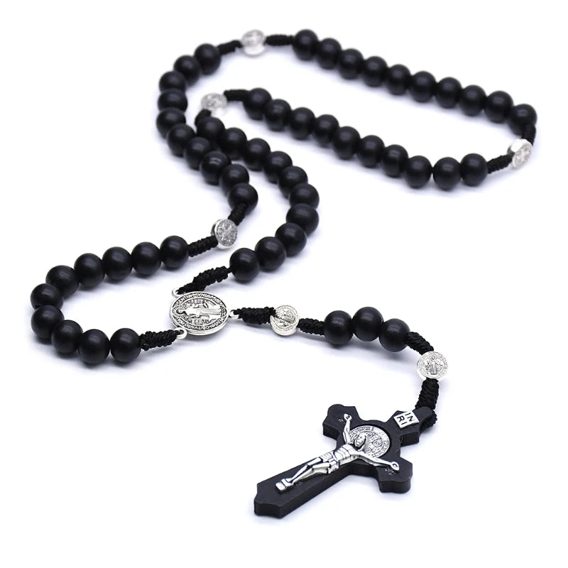 Black Wooden Christ Jesus Cross Religious Necklace Catholic Rosary Necklace Church Souvenirs Prayer Pendant Necklace