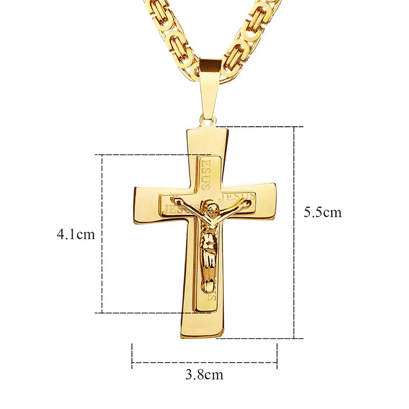 Katholische Jesus Christus Kreuz Anhänger Halskette Edelstahl Lange Byzantinerkette Kruzifix Kreuz Halskette