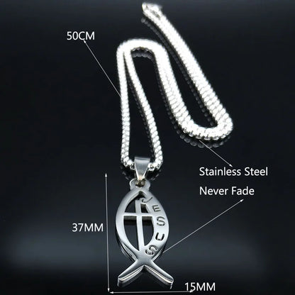 Ichthys Jesus Fisch Kreuz Christus Gott Anhänger Halskette für Frauen Männer Edelstahl Goldfarbe Christliche Kette Schmuck N1482S02
