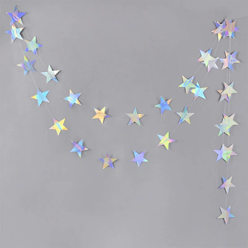 Laser Silber Papier Stern Girlande Banner Happy Birthday Party Dekoration Mädchen Junge Babyparty Hochzeit Wandbehang Dekor