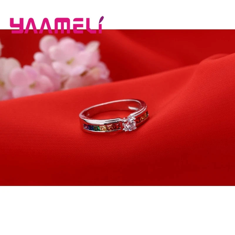 Echte 100% 925 Sterling Silber Farbe Regenbogen Zirkonia Ringe Für Frauen Hochzeit Entzückender Verlobungsantrag Ring Accessoire