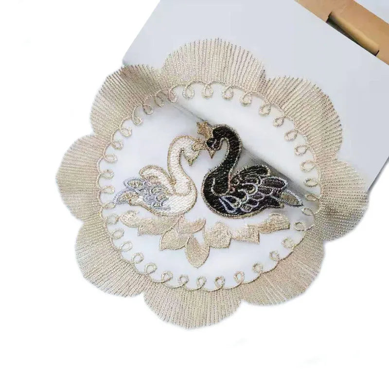 Modern Chinese Gold Embroidered Swan Pattern Round Table Mat Bar Counter Kitchen Coaster Christmas Wedding Festive Decoration