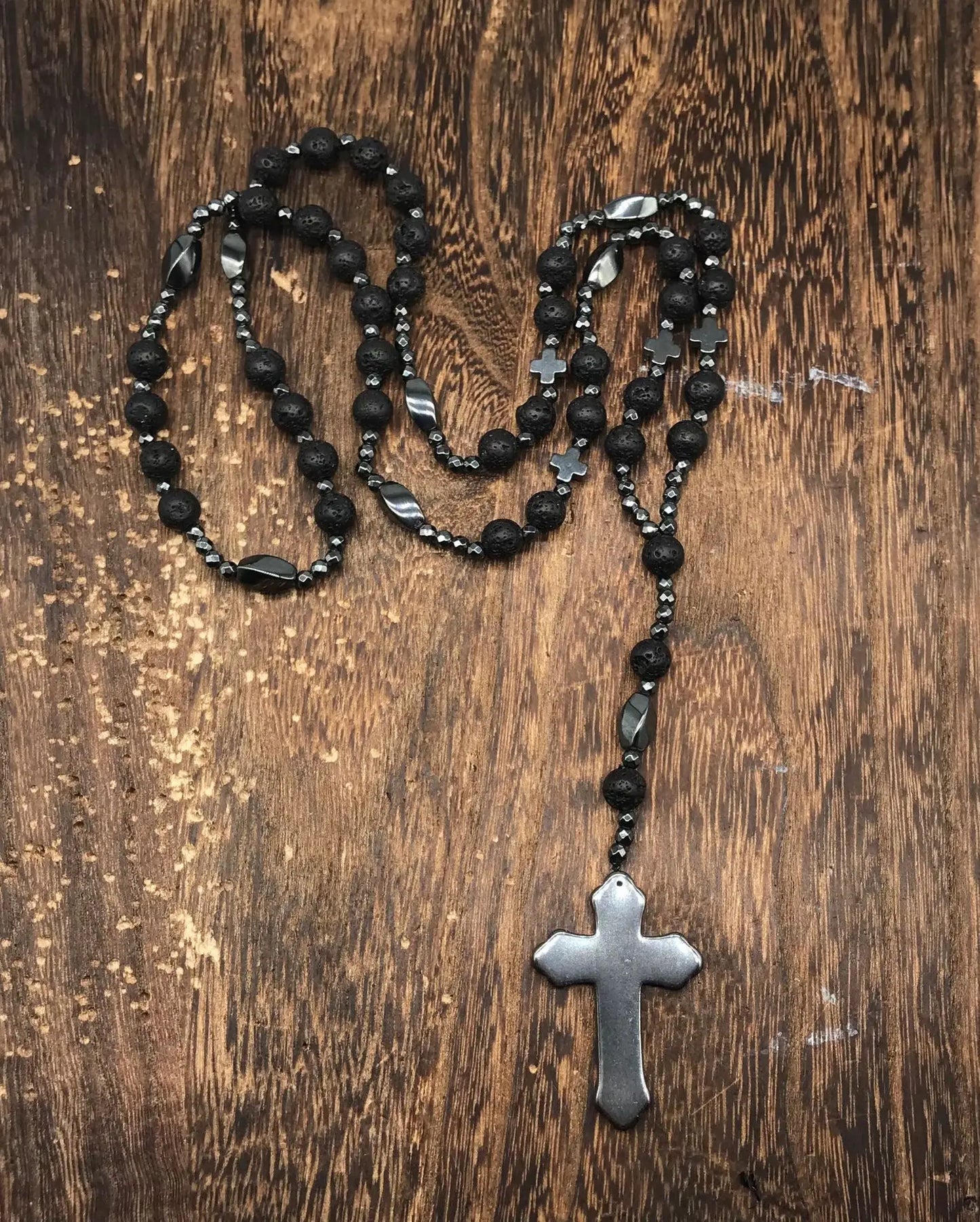 Tiger Eye Stone Bead & Hematite Cross Pendant Necklace for Men Women Catholic Christ Rosary Cross Pendant