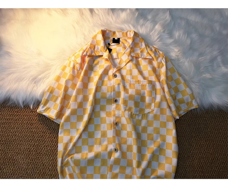Casual Shirts Women Panelled Plaid Fashion Loose Couples Elegant All-match Summer Blouses Cool Girls Retro Students Chic Unisex