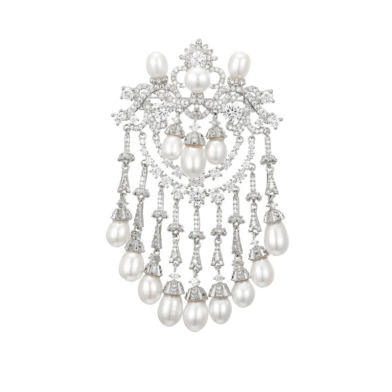 Elegante natürliche Süßwasserperlen-Quastenbroschen Luxus Glänzende Zirkonia-Blumenbrosche Anstecknadel für Damen Schmuck Weihnachtsgeschenke