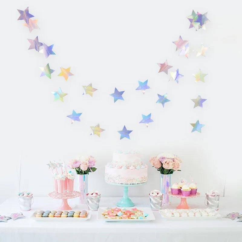 Laser Silber Papier Stern Girlande Banner Happy Birthday Party Dekoration Mädchen Junge Babyparty Hochzeit Wandbehang Dekor
