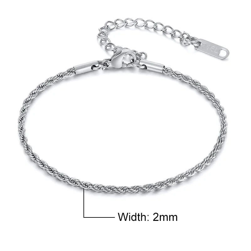 Vnox Basic 2/3/4/5mm Stainless Steel Twisted Rope Chain Bracelets for Men Women,Wrist Christmas Gifts Jewelry,Length Adjustable