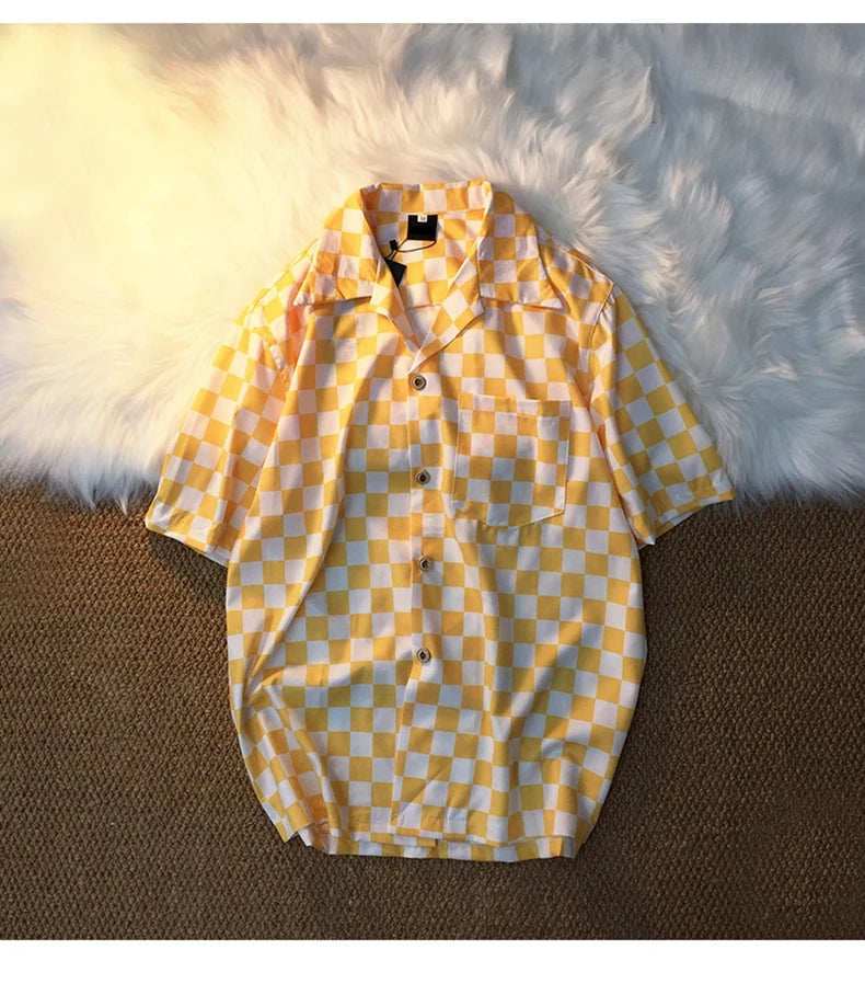 Casual Shirts Women Panelled Plaid Fashion Loose Couples Elegant All-match Summer Blouses Cool Girls Retro Students Chic Unisex
