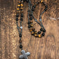 Tiger Eye Stone Bead & Hematite Cross Pendant Necklace for Men Women Catholic Christ Rosary Cross Pendant