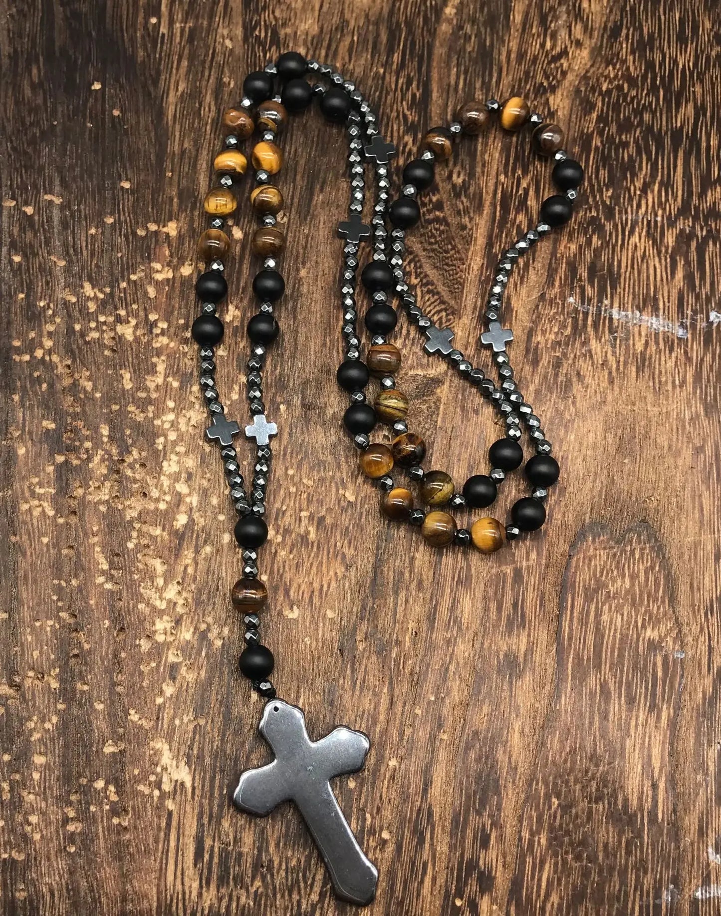 Tiger Eye Stone Bead & Hematite Cross Pendant Necklace for Men Women Catholic Christ Rosary Cross Pendant