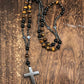 Tiger Eye Stone Bead & Hematite Cross Pendant Necklace for Men Women Catholic Christ Rosary Cross Pendant
