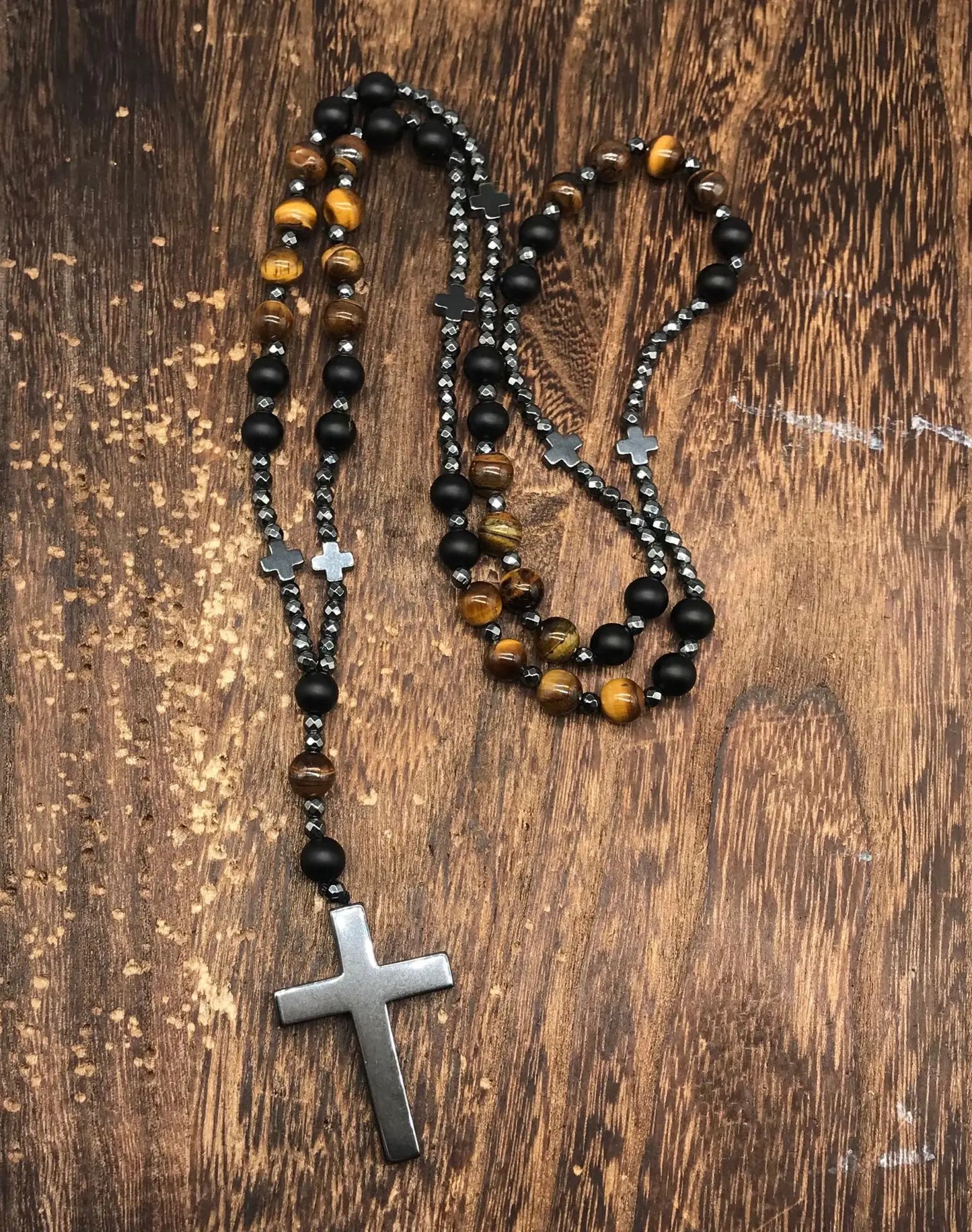 Tiger Eye Stone Bead & Hematite Cross Pendant Necklace for Men Women Catholic Christ Rosary Cross Pendant
