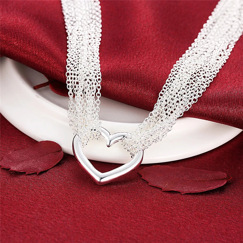 DOTEFFIL 925 Sterling Silver Multi-Line Chain Heart Necklace Bracelet Network Ring  For Women Wedding Engagement Party Jewelry