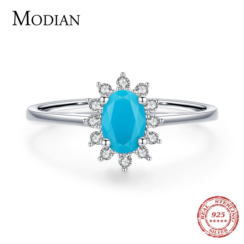 MODIAN Klassischer Kronenring für Damen aus reinem 925er Sterlingsilber mit natürlichem Türkis, elegante Mode-Ringe für Frauen, Weihnachtsschmuck