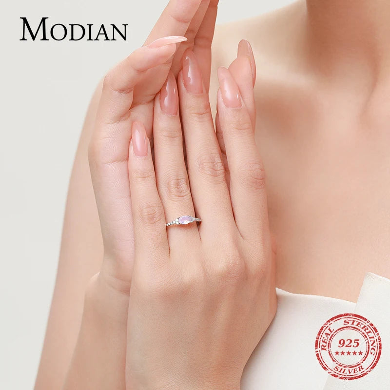 MODIAN 925 Sterling Silber Rosa Mondstein Eleganter Stapelbarer Fingerring Eternity Bands für Damen Weihnachtsgeschenke Feiner Schmuck