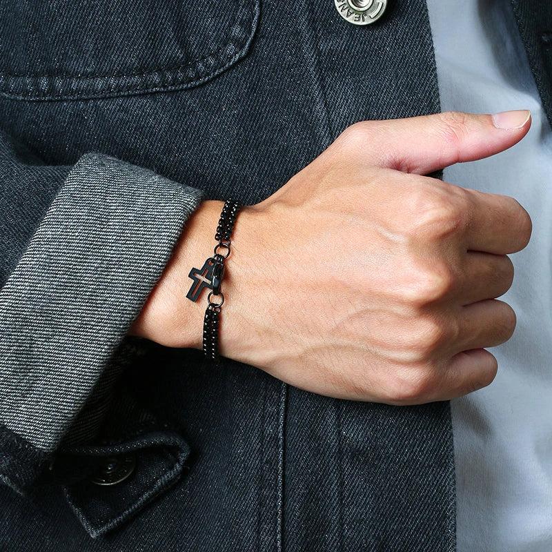 Vnox Einfache, geschichtete 3mm Rolo-Kettenarmbänder für Herren, rundes Kettenglied mit Kreuz-Anhänger, Armband, Christusgebet, Vintage-Freizeitgeschenk