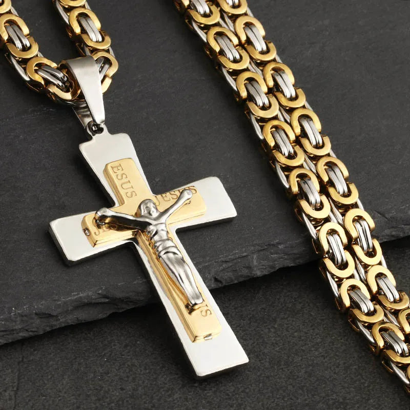 Katholische Jesus Christus Kreuz Anhänger Halskette Edelstahl Lange Byzantinerkette Kruzifix Kreuz Halskette