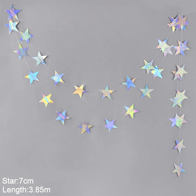 Laser Silber Papier Stern Girlande Banner Happy Birthday Party Dekoration Mädchen Junge Babyparty Hochzeit Wandbehang Dekor