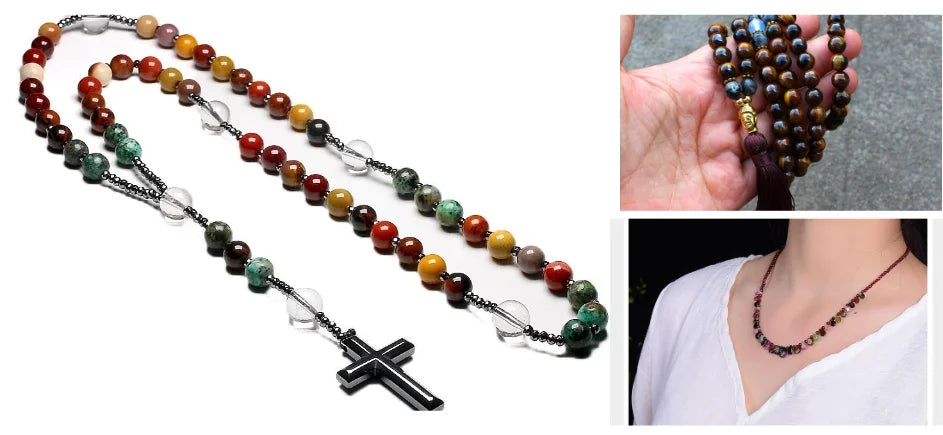 Tiger Eye Stone Bead & Hematite Cross Pendant Necklace for Men Women Catholic Christ Rosary Cross Pendant