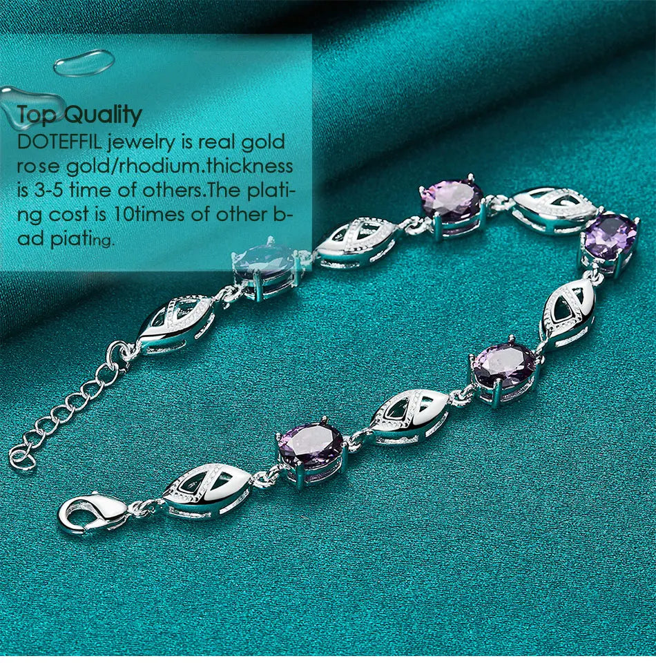 DOTEFFIL 925 Sterling Silber Lila Große AAA Zirkon Armbandkette für Damen Schmuck Verlobung Party Weihnachtsgeschenk
