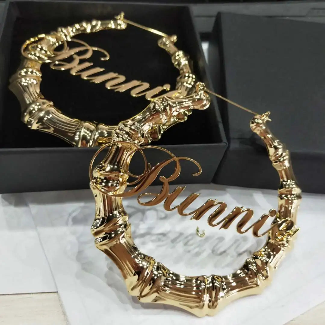 DOREMI Stainless Steel Bamboo Hoop Earrings Customize Name Earrings Bamboo Style Custom Hoop Earring With Statement Words Number
