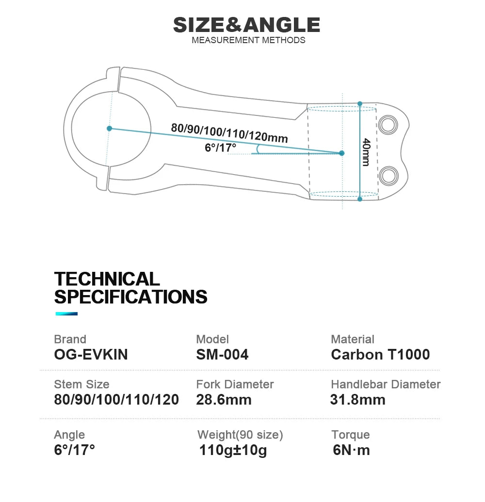 OG-EVKIN BS-004 T1000 Carbon MTB Bicycle Stem 6/17 Degree 31.8MM Carbon Road Bike Stem Positive and Negative Cycling Power Parts